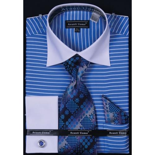 Avanti Uomo Blue Horizontal Stripe Two Tone Shirt / Tie / Hanky Set With Free Cufflinks DN55M